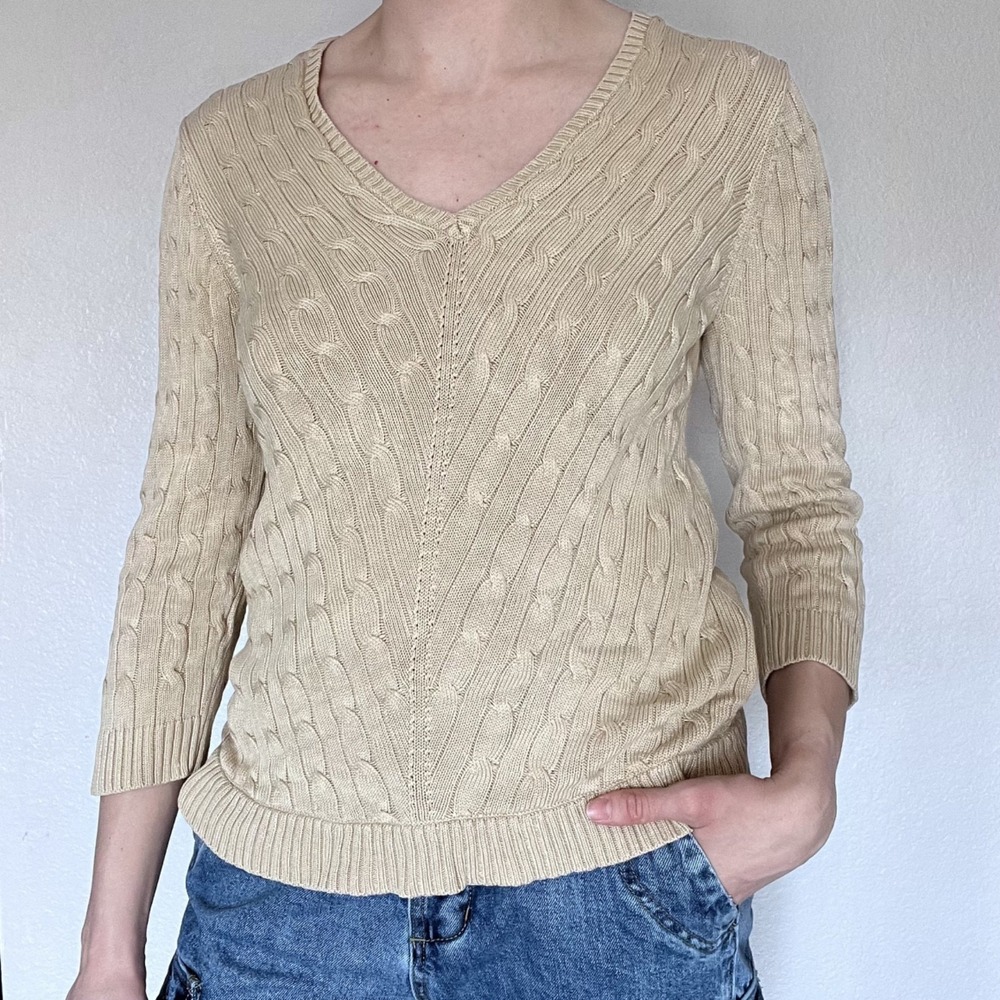 Ralph Lauren Sweater Womens Large‎ Beige Silk Cable Knit Old Money Preppy Luxury